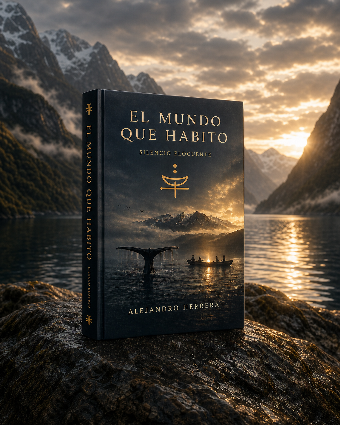 كتاب The World I Inhabit: الصمت البليغ، للكاتب Alejandro Herrera، أمام قناة جبلية في جنوب باتاغونيا عند الفجر.
